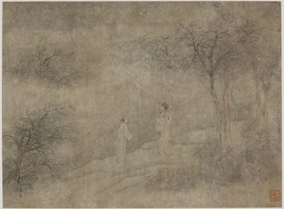 Két férfi sétál a ködös ligetben (tinta és szín a papíron) alkotó: Ming Dynasty Chinese School