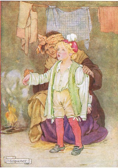 Megfosztották bársonyától, tollaitól és csipkéitől (az Edwy és a visszhang című történetből), a Thomas Nelson & Sons Ltd. által kiadott A Staircase of Stories illusztrációja 1940-es években (színes litó) alkotó: Minnie Didbin Spooner