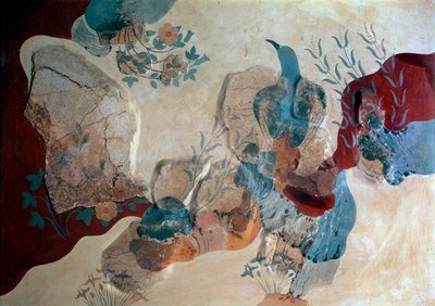 Minószi művészet: „Kék madár” A Freskóház freskójának részlete. Kr.e. 1500. Heraklion, Régészeti Múzeum, Kréta - Minószi művészet: kék madár. Madarat ábrázoló freskó részlete sziklák, vadrózsák és íriszek között, a Freskók Házából alkotó: Minoan