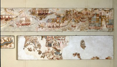 Minószi művészet: „” haditengerészeti expedíció”” Freskó Akrotiritől Santoriniig. Kr.e. 16. század. Athénész, Országos Régészeti Múzeum alkotó: Minoan
