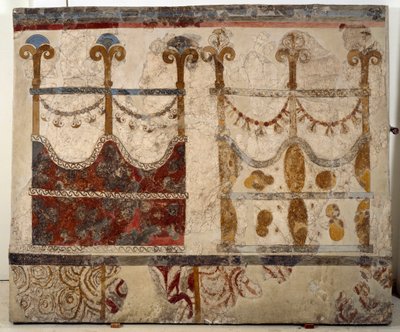 Minószi civilizáció: két portál ábrázolása (Ikria). Freskó a szantorini Akrotiri (Thera) Xeste 3 épületének lustrális medencéjéből alkotó: Minoan