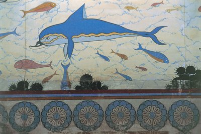 Közeli kép egy falfestményről egy palotában, Minos palota, Knossos, Kréta, Görögország alkotó: Minoan