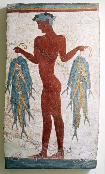 Görög civilizáció, halászt ábrázoló freskó, Akrotiri, Thera, Santorini, Görögországból (freskó) alkotó: Minoan