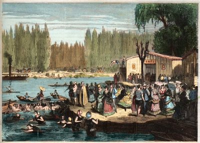 Úszás a La Grenouillere-ben, Párizs mellett - La Grenouillere a Croissy-sur-Seine-ben 1869-ben - Miranda után alkotó: Miranda Miranda