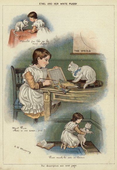 Ethel és fehér macskája (chromolitho) alkotó: Miss Eliza F. Manning