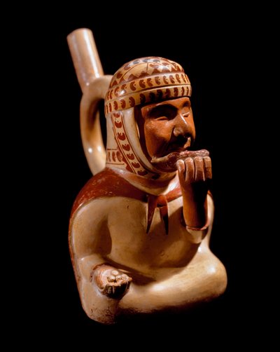 Prekolumbiai művészet, Mochique civilizáció (csúnya, Mochica): antropomorf váza, amely egy hangszeren (pánfuvola?) játszó vak koldust ábrázol. Kr.e. 200-700. Lima, Nemzeti Antropológiai és Régészeti Múzeum, Peru - Kolumbusz előtti művészet, Moche cultu alkotó: Moche Moche