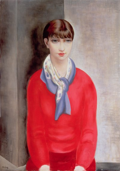Kiki de Montparnasse piros pulóverben és kék sálban alkotó: Moise Kisling