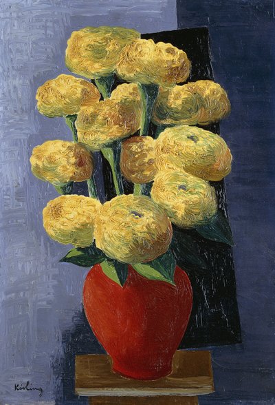 Sárga virágok piros vázában; Fleurs Jaunes dans un Vase Rouge alkotó: Moise Kisling
