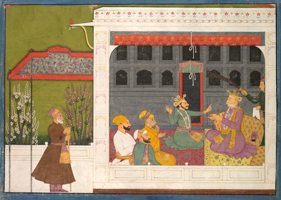 Shishupal vitatkozni Rukmini apjával, Bhishmaka, oldal egy Rukmani Mangal sorozatból, c. 1800. alkotó: Mola Ram