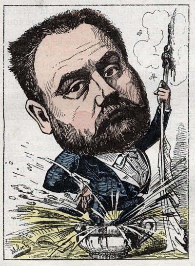 Emile Zola (1840-1902) francia író portréja Touchatout „Le Trombinoscope” című művében, B. Moloch karikatúrája 1882-ből (1849-1909). Magángyűjtemény. alkotó: Moloch