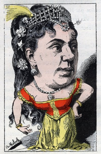 Emma Valladon dit Theresa (1837-1913), a francia kabaré énekesnőjének portréja a Touchatout „Le Trombinoscope” című filmjében, B. Moloch 1882-es rajzfilmje (1849-1909). Magángyűjtemény. alkotó: Moloch