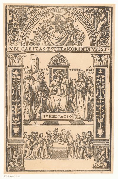 Mária gyermekével és szentekkel Szent beszélgetés Sacra Conversazione alkotó: Monogrammist AM (prentmaker 16e eeuw)