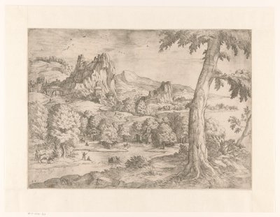 Panorámás táj nagy fával alkotó: Monogrammist DB (etser 16de eeuw)