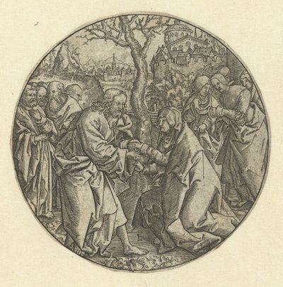 Krisztus búcsút vesz Máriától alkotó: Monogrammist L (graveur, Nederland)