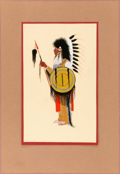 Cheyenne harcos tollas fejdíszben pajzzsal, kb. 1915-1937. alkotó: Monroe Tsatoke