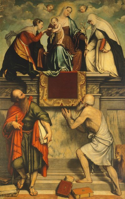 Madonna gyermekével, Szent Katalin, Szent Pál és Szent Jeromos alkotó: Moretto da Brescia