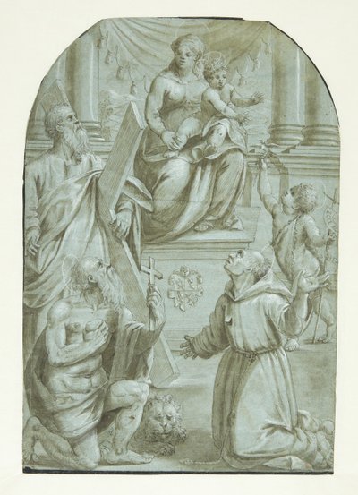Mária a kis Jézussal trónol, körülötte András apostol, Keresztelő János gyermekkorában, Szent Jeromos és Assisi Szent Ferenc alkotó: Moretto da Brescia
