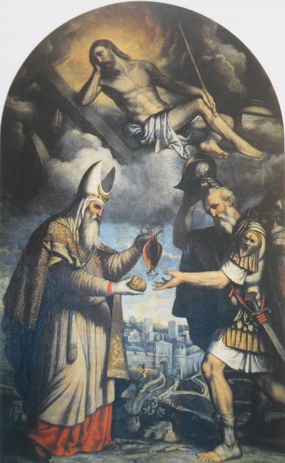 Melkizedek kenyeret és bort kínál Ábrahám pátriárkának. alkotó: Moretto da Brescia