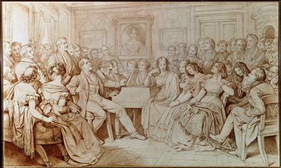 Franz Schubert zeneszerző Johann Michael Vogl tenort kíséri a Baron von Spaunban rendezett zenei esten (Rajz alkotó: Moritz Ludwig von Schwind