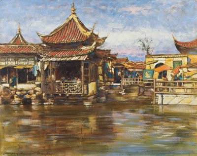 Tea House, Sanghaj, 1909 körül (gouache és olaj a fedélzeten) alkotó: Mortimer Ludington Menpes