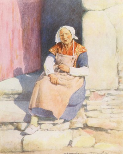 A malomház lépcsőjén, Pont-Aven (színes litográfia) alkotó: Mortimer Ludington Menpes