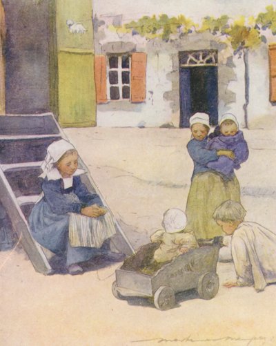 Játék a "Place"-en, Pont-Aven (színes litográfia) alkotó: Mortimer Ludington Menpes
