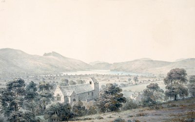 Kilátás a Bala Poolra, Llyntagit, a Llanfawr templom fölött, Meirionethshire alkotó: Moses Griffith