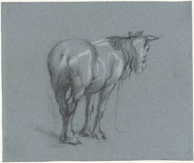 Egy ló tanulmányozása hátulról, jobbról Álló igáslovak (sorozat címe) alkotó: Moses Ter Borch