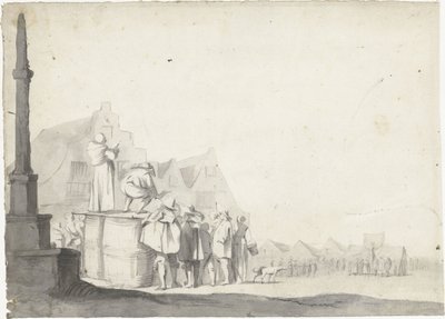 Piac tér bemondóval egy hordón alkotó: Moses ter Borch (possibly)