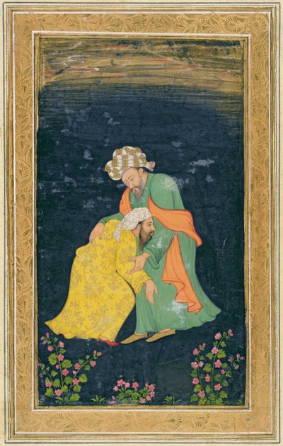 Egy mollah meghajol egy iráni ruhás férfi előtt, aki felemeli könyörgéséből, a Small Clive Albumból (papíron wc) alkotó: Mughal School