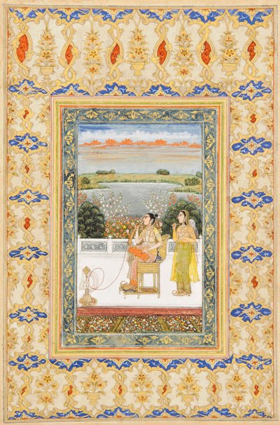 Albumoldal: Gulbadan Begum dohányzik a teraszon, Delhi, 1800 körül alkotó: Mughal School