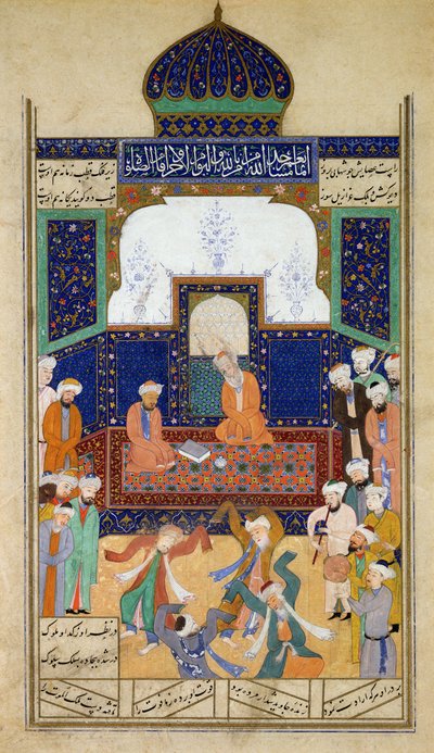 Zenére táncoló dervisek Shaik és tanítványuk előtt, Khusrau herceg Khamsah-jából, Matla al-Anvar, 1485 (890 Hidzsra) alkotó: Mughal School