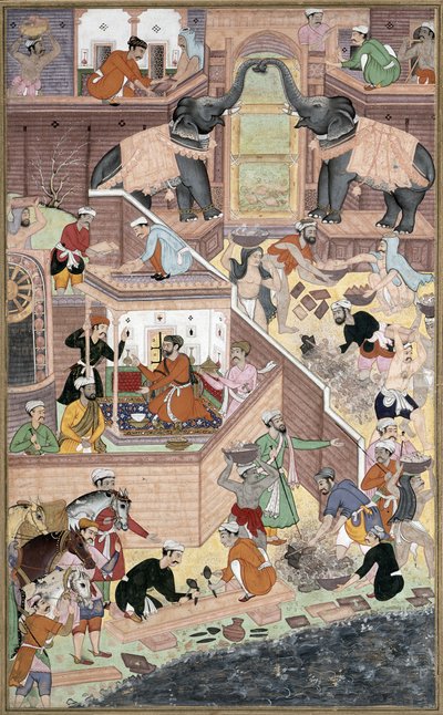 Akbar császár (1556-1605) a Fatehpur Sikri építési munkálatait vizsgálja, az Abul Fazi által készített Akbarnamából, 1590-98 (átlátszatlan wc és arany papíron) alkotó: Mughal School