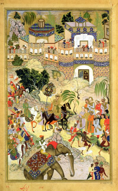 Akbar császár diadalmas belépése Szúratba, Abul Fazi (1515-1602) által készített Akbarnamából 1590-98 (átlátszatlan wc és arany papíron) alkotó: Mughal School