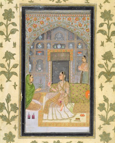 Hölgy egy pavilonban ülő kísérőkkel, a Small Clive Albumból (papíron átlátszatlan wc) alkotó: Mughal School
