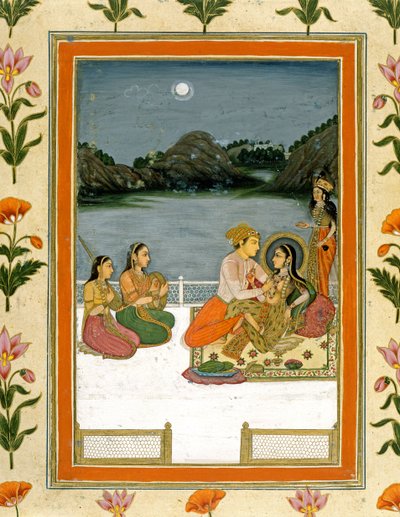 Szerelmesek a teraszon egy holdfényes tó mellett, a Small Clive Albumból (papíron átlátszatlan wc) alkotó: Mughal School