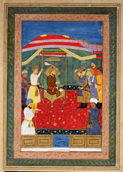 Babur mogul császár (1526-30) a trónon ülve egy herceget fogad, Johnson I. album, 3. szám, 65. alkotó: Mughal School
