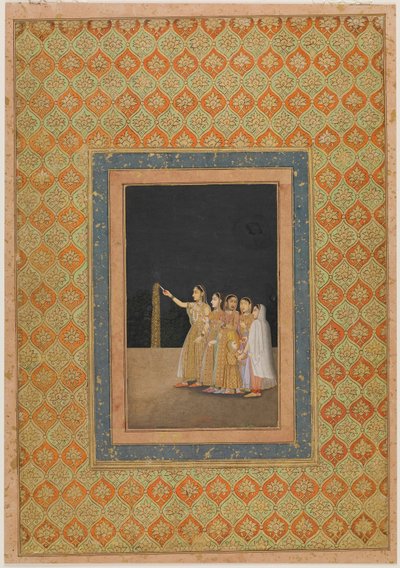 Tűzijátékkal játszó udvarhölgyek, kb. 1740. alkotó: Muhammad Afzal