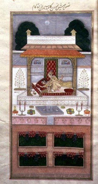 Kamrup és Kamalta a nászéjszakájukon, Dastur-i Himmatból (1755 körül) (megvilágítás) alkotó: Muhammad Murad