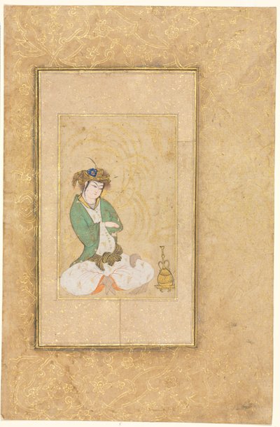 Fűz mellett ülő fiatalok, egyoldalas illusztráció, c. 1600-1650. alkotó: Muhammad Yusuf