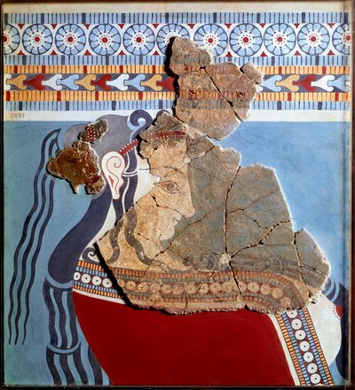 Mükénei művészet: női mellszobor. A Tiryns-palota freskótöredéke és rekonstrukciója alkotó: Mycenaean
