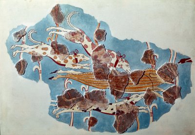 Mükénei művészet: vadászjelenet, kutyák vaddisznót kergetnek. A Tiryns-palota freskótöredéke és rekonstrukciója alkotó: Mycenaean