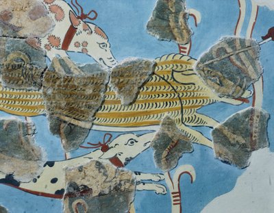 Freskó a Tirinto palotából (Görögország). Részlet: vaddisznóra támadó kutyacsoport. Mükénei civilizáció alkotó: Mycenean