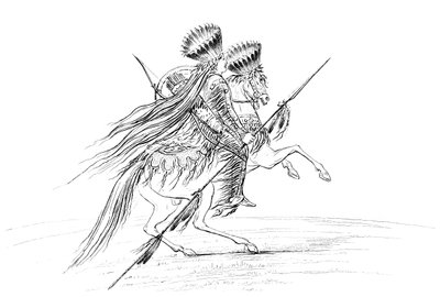Indián férfi fegyverekkel és fejdísszel, lovon ül, 1841. alkotó: Myers and Co