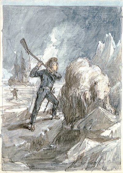 Nelson találkozik egy medvével, 1854 körül (szürke mosás, fehérrel kiemelve, akvarell, grafit) alkotó: Myles Birket Foster
