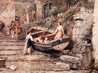 Clovelly látképe, partra vetett hajóval és figurákkal, 1882 alkotó: Myles Birket Foster