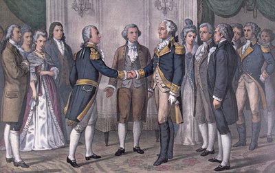 George Washington tábornok (1732-99) és de La Fayette márki (1757-1834) Philadelphia első találkozója, 1777. augusztus 3., 1876-ban publikálva (színes litó) alkotó: N. and Ives J.M. (after) Currier