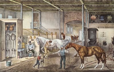 Modell istálló, ahol a fiúk és a lovászok valóban gondozzák a lovakat, metszet Currier és Yves "Amerika" című könyvéből 1870-ben. alkotó: N. and Ives J.M. (1824 95) Currier