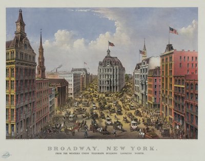 Broadway, New York a Western Union távíró épületéből északra néz alkotó: Currier and Ives