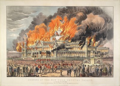 A New York-i Kristálypalota leégése 1858. október 5-én, kedden (színes litográfia)   Színes litográfia alkotó: Currier and Ives